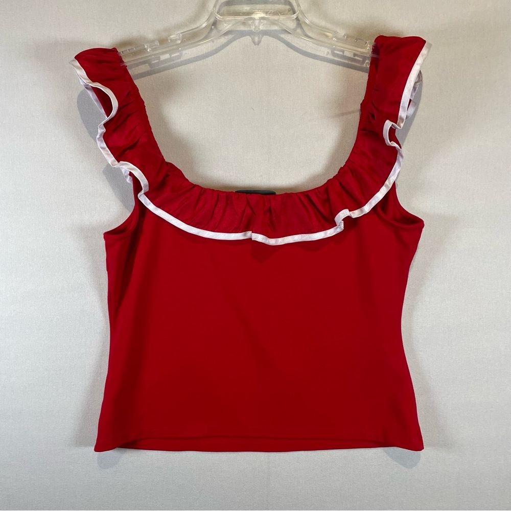 Anthropologie Sunday In Brooklyn Red Ruffle Trim Cropped Tank Top XL - Picture 5 of 9